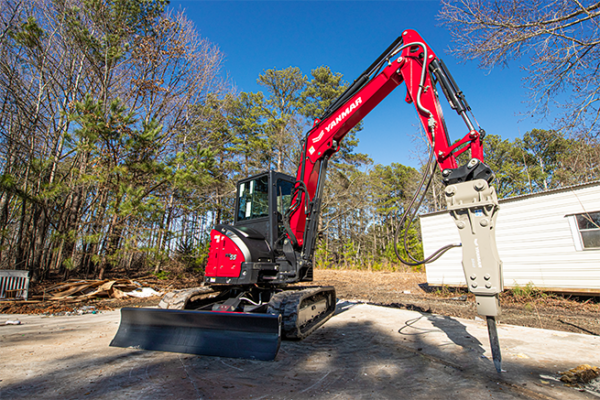 Mini Excavator ViO55-6A with a hydraulic hammer.